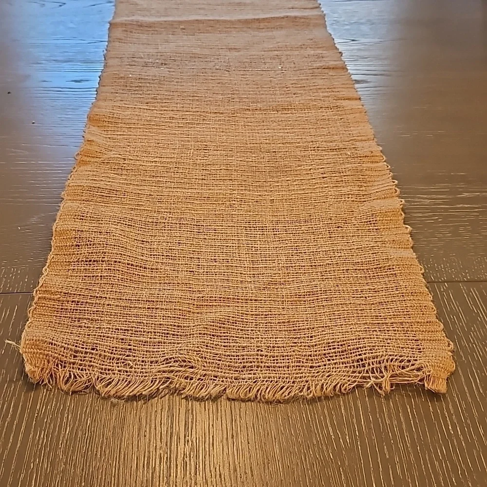 VINTAGE 2 piece Runner Tan Burlap w Fringe & Brown Weave. 72